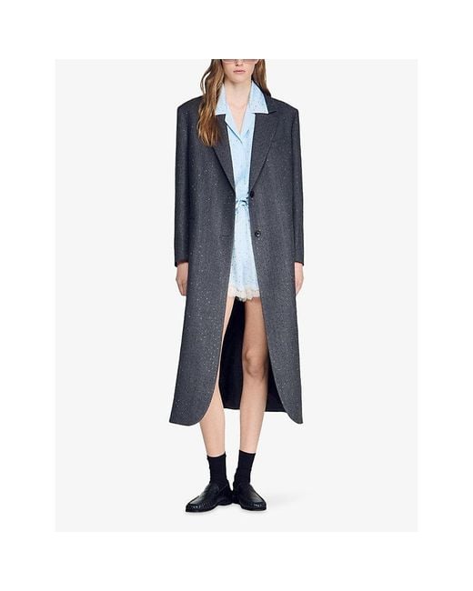 Sandro Blue Rhinestone Long Wool Coat