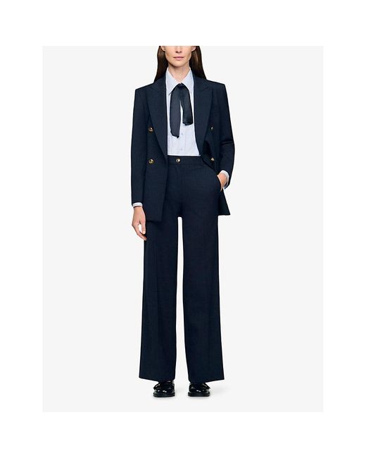 Sandro Blue Striped Straight-Leg Stretch Wool-Blend Trousers
