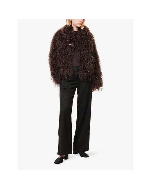 Peachy Den Brown Patti Folding-Collar Faux-Fur Coat