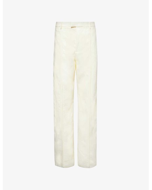 Bottega Veneta White Perforated-trim Straight-leg High-rise Linen Trousers