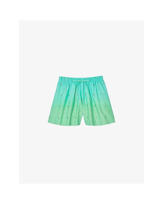 Sandro Green Rhinestone-embellished Elasticated-waist Cotton Shorts