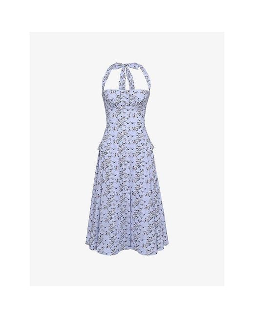 House Of Cb Blue Claudia Halter-Neck Stretch-Cotton Midi Dress