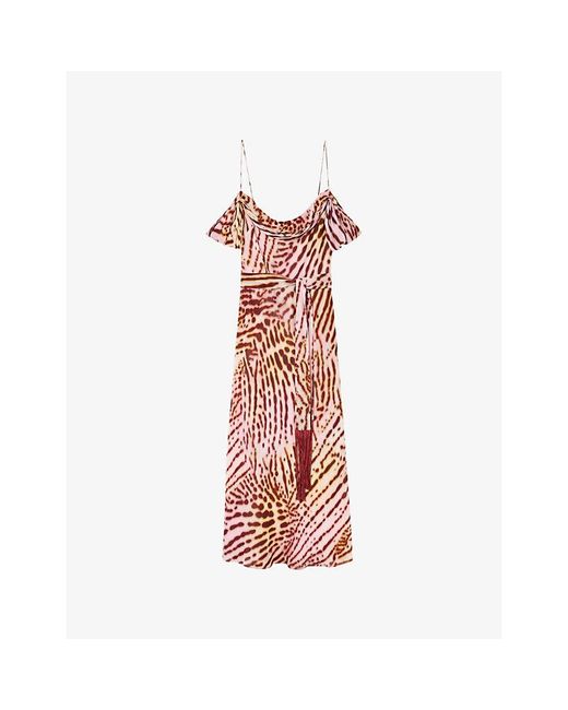 Whistles Red Scarf Orchid-Print Woven Midi Dress