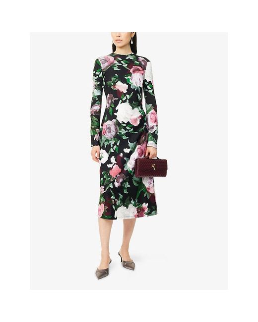 Erdem Green Floral Draped Stretch-Woven Midi Dress