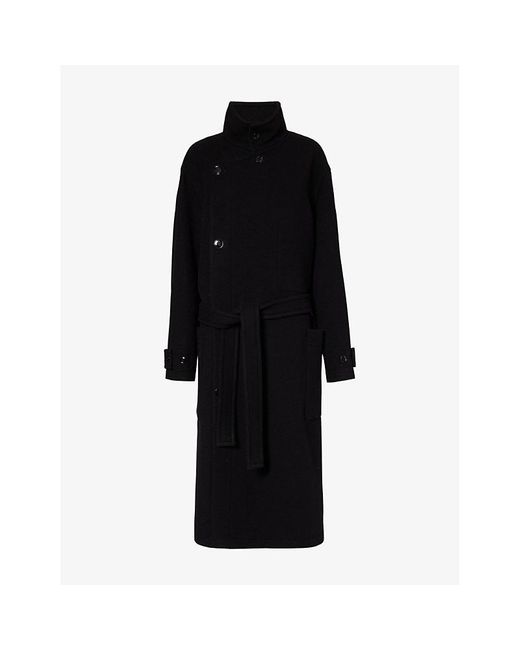 Lemaire Funnelneck Belted Wool Coat in Black Lyst