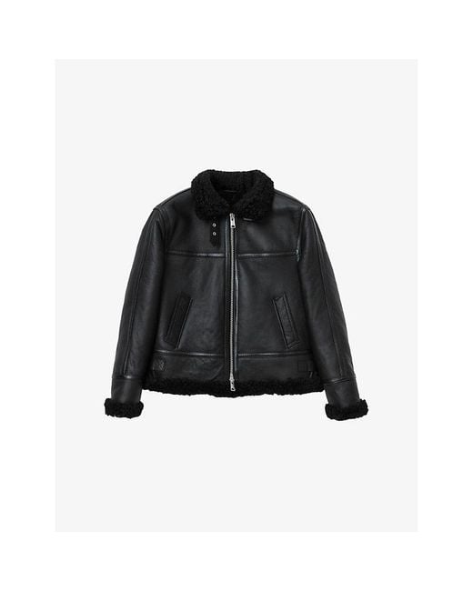 AllSaints Black Lorel Wool-Trim Regular-Fit Sheepskin Jacket