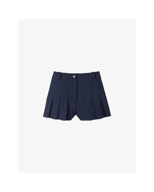 Sandro Blue High-Rise Pleated Stretch-Woven Shorts