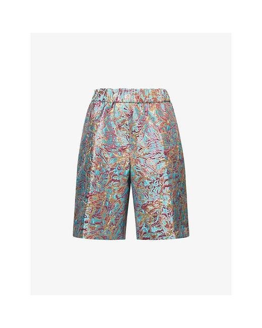 Dries Van Noten Blue Pomy Metallic-Embroidered Cotton-Blend Bermuda Shorts