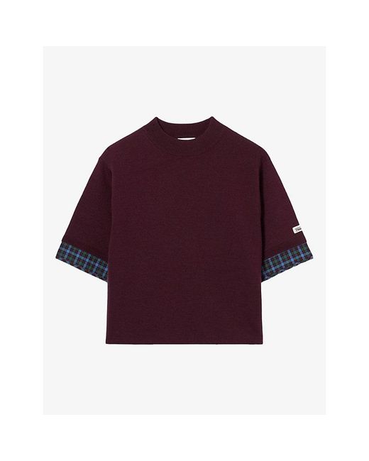 Claudie Pierlot Purple Short-Sleeved Checked-Trim Knitted Jumper
