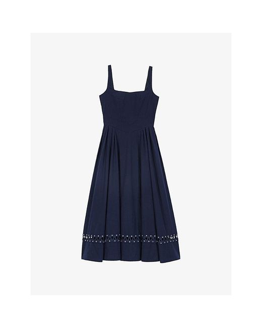 Maje Blue Flared Square-Neck Stretch-Cotton Midi Dress