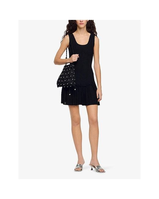 Sandro Black Diamante-Embellished Drawstring Crochet Bag