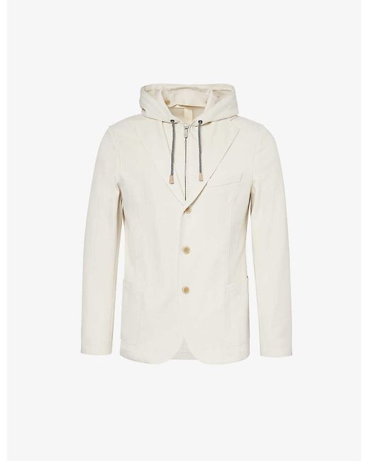 Eleventy White Detachable-hood Notched-lapel Stretch Cotton-blend Jacket for men