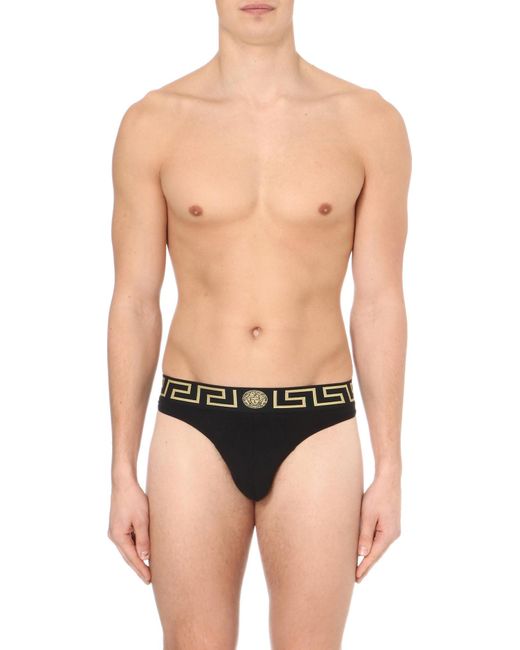 Versace Black Iconic Slim-fit Stretch-cotton Thong for men