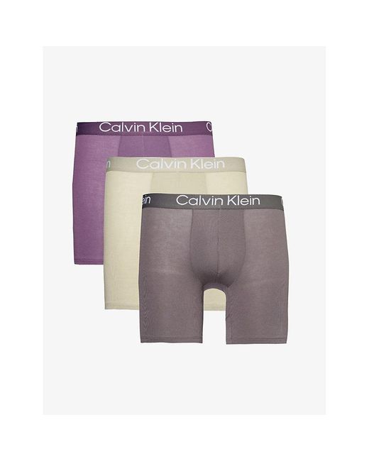 Calvin Klein Purple Branded-waistband Mid-rise Pack Of Three Stretch-jersey Boxer Briefs X for men