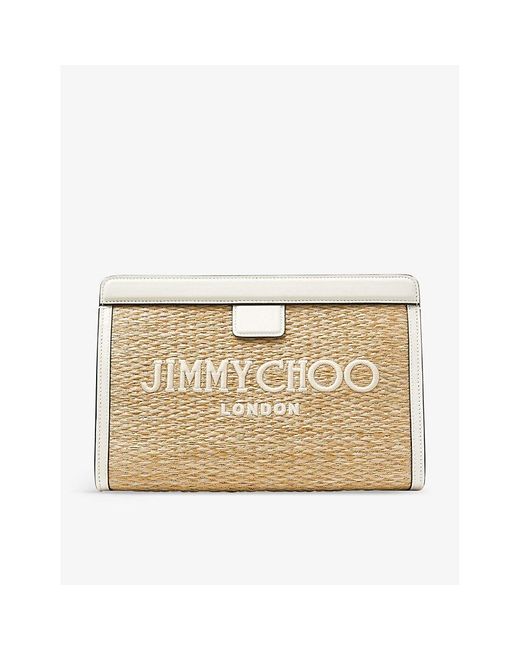 Jimmy Choo Natural Tural/light Gold Avenue Logo-embroidered Raffia Pouch