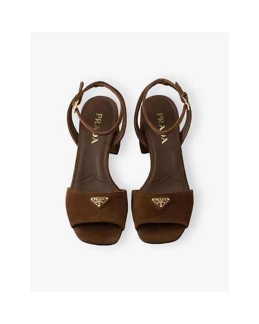 Prada Brown Brand-Plaque Suede Heeled Sandals