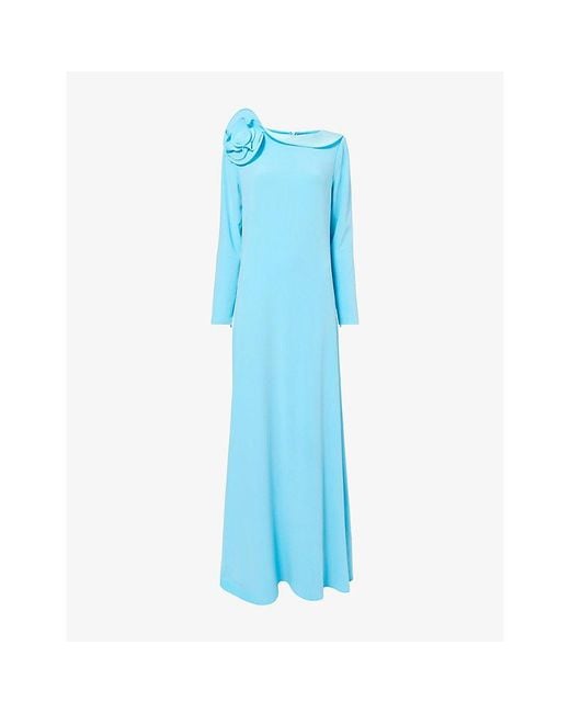 Roland Mouret Blue 3D-Draped Flower-Neck Long-Sleeve Gown
