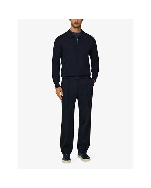 Boggi Blue Zip-Neck Long-Sleeve Wool-Blend Polo for men