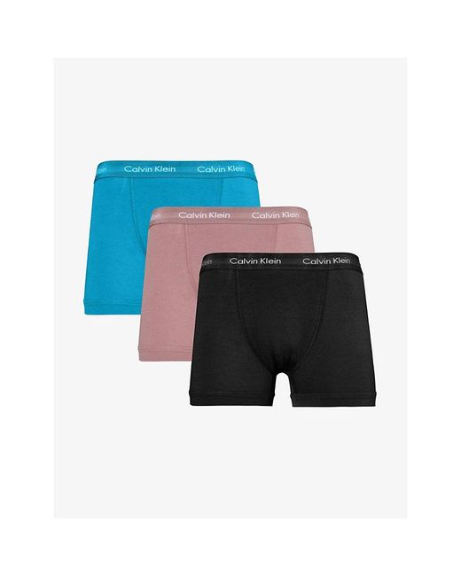 Calvin Klein Blue Logo-waistband Pack Of Three Stretch-cotton Trunk for men
