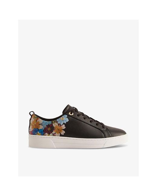 Ted Baker Black Aleeson Floral-print Leather-blend Low-top Trainers