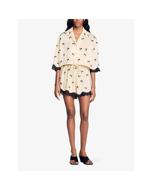 Sandro Natural Floral-Embroidered Drawstring-Hem Woven Shirt