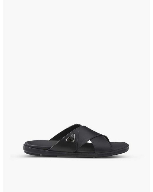 Prada Brand-Plaque Criss-Cross Leather Slides in Black for Men | Lyst UK
