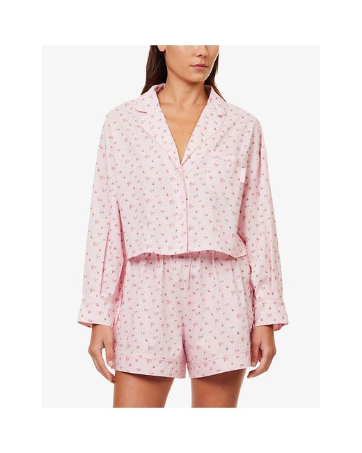 Lounge Underwear Pink Floral-pattern Cropped Cotton Shirt