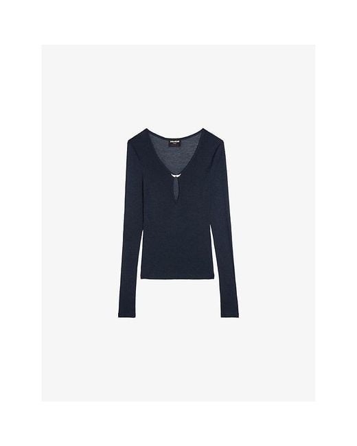 Zadig & Voltaire Blue Tina Wing-Embellished Long-Sleeve Woven Top