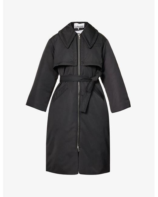 Ganni Black Belted Padded Recycled-polyester Coat
