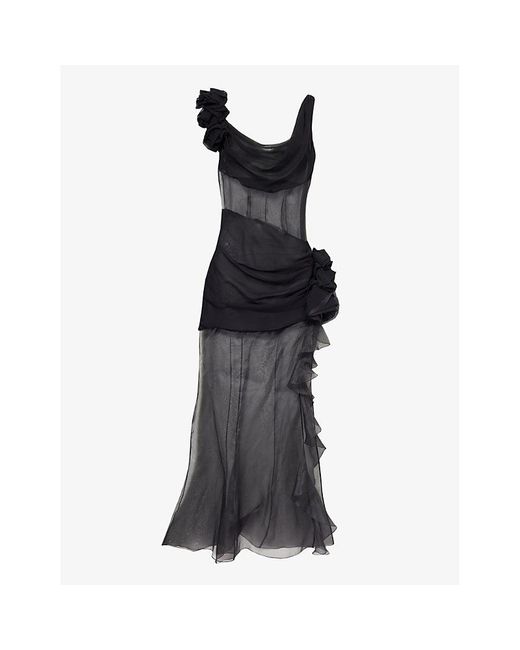 Alessandra Rich Black Organza Floral-embellished Ruffled Silk Maxi Dress