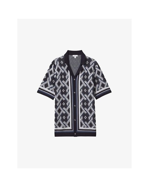 Reiss Black Vyhyde Geometric-print Short-sleeve Knitted Shirt X for men