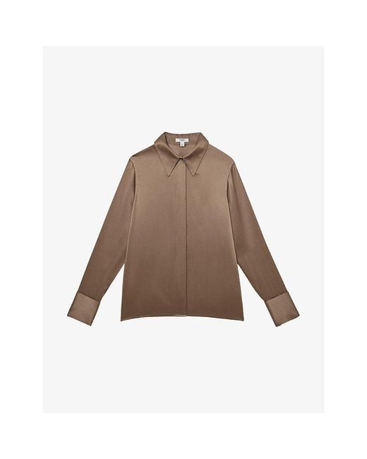 Reiss Brown Ameira Concealed-Placket Long-Sleeve Silk Shirt