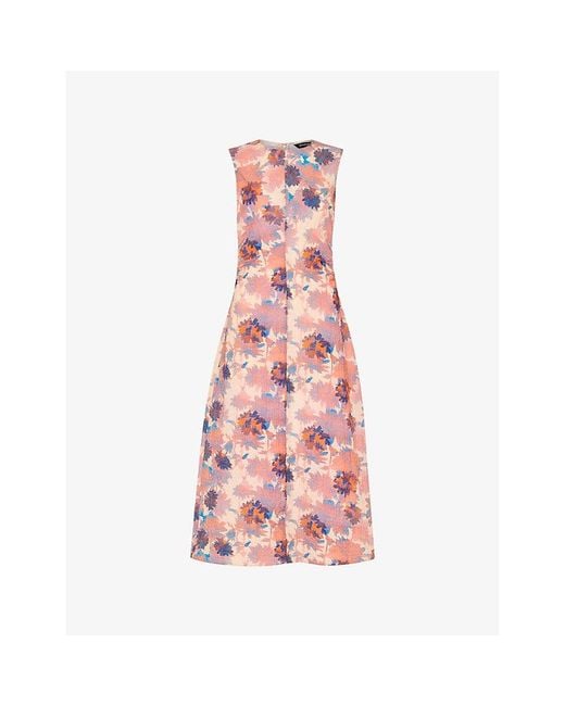 Whistles Pink Floral-Print Round-Neck Textured Stretch-Cotton Midi Dress