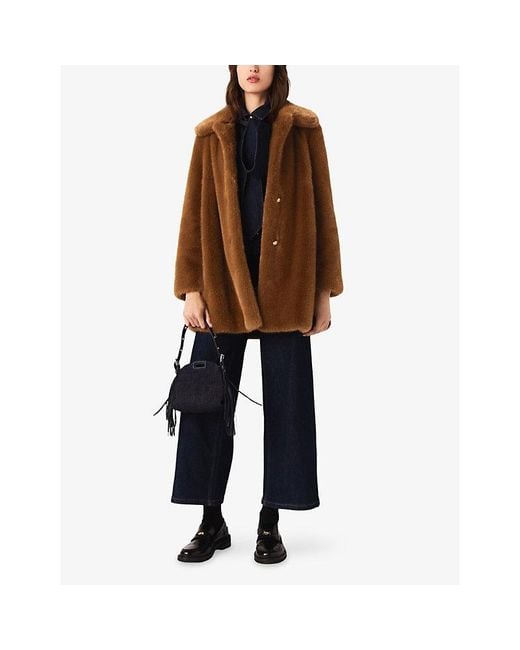 Maje Brown Collared Mid-Length Faux-Fur Coat