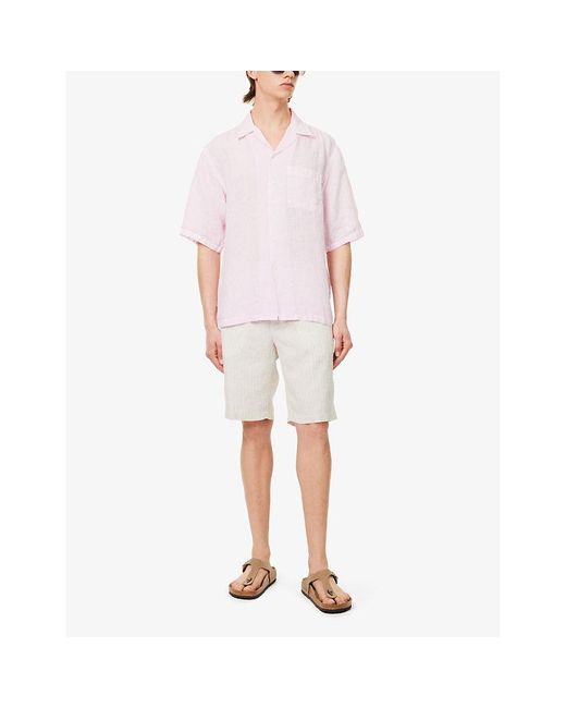 120% Lino Pink Short-sleeve Patch-pocket Regular-fit Linen Shirt for men