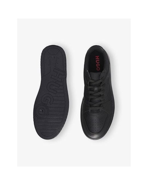 HUGO Black Brand-Print Faux-Leather Low-Top Trainers for men