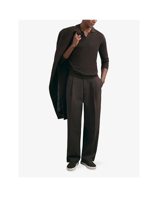 Reiss Black Milburn Open-Collar Merino Wool Polo Shirt for men