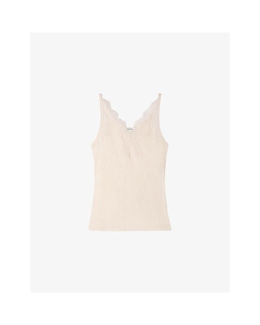 Sandro White Ribbed Lace-Embroidered Stretch-Cotton Vest