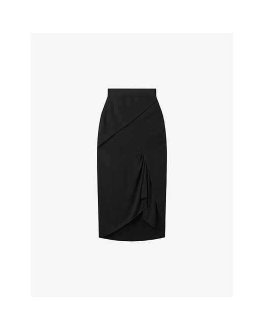 Reiss Black Zaria Draped Stretch-woven Midi Skirt
