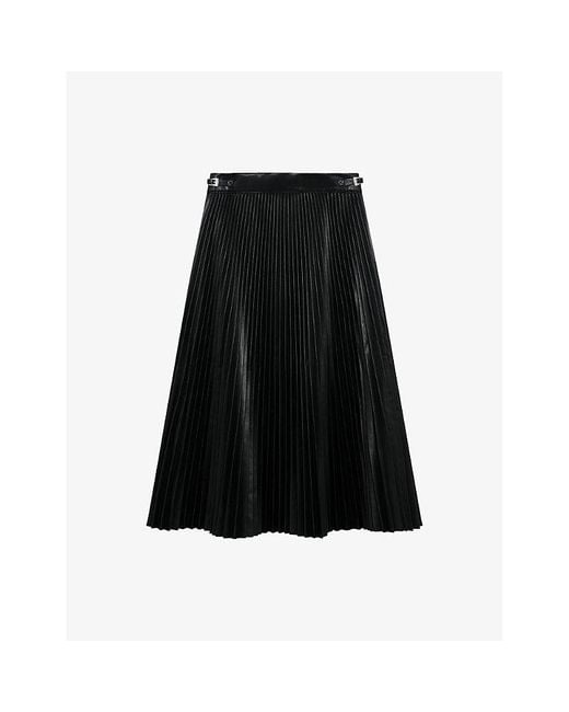 The Kooples Black Buckle-Embellished Pleated Faux-Leather Midi Skirt