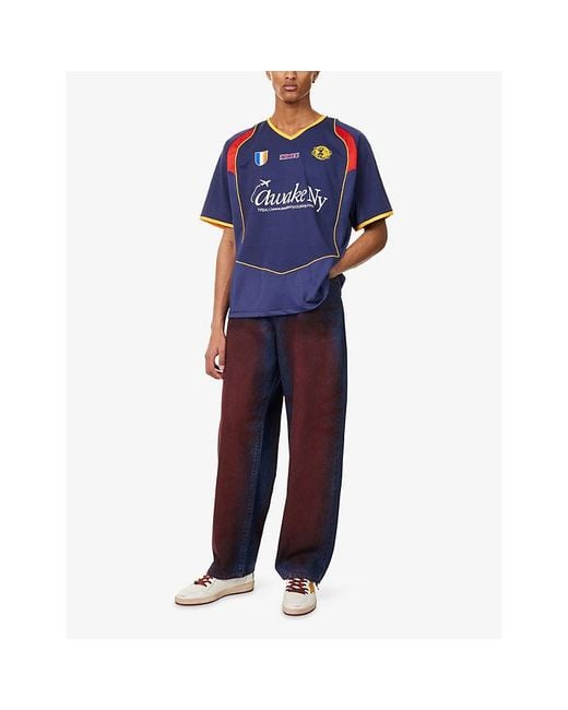 AWAKE NY Blue Football Logo-Patch Jersey T-Shirt for men