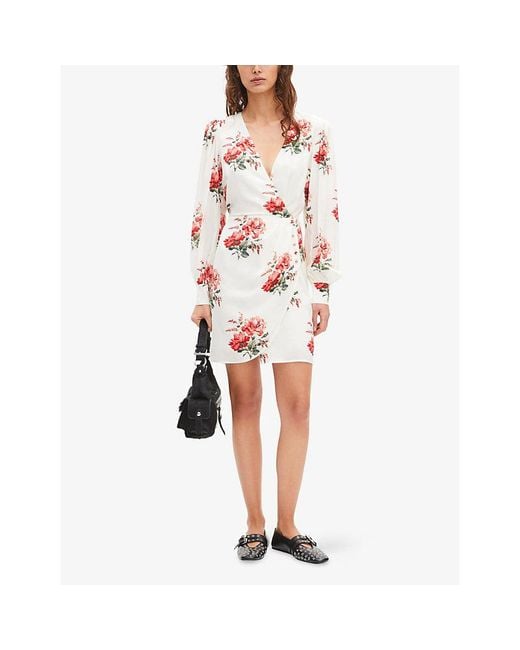 The Kooples Red V-Neck Floral-Print Woven Mini Dress