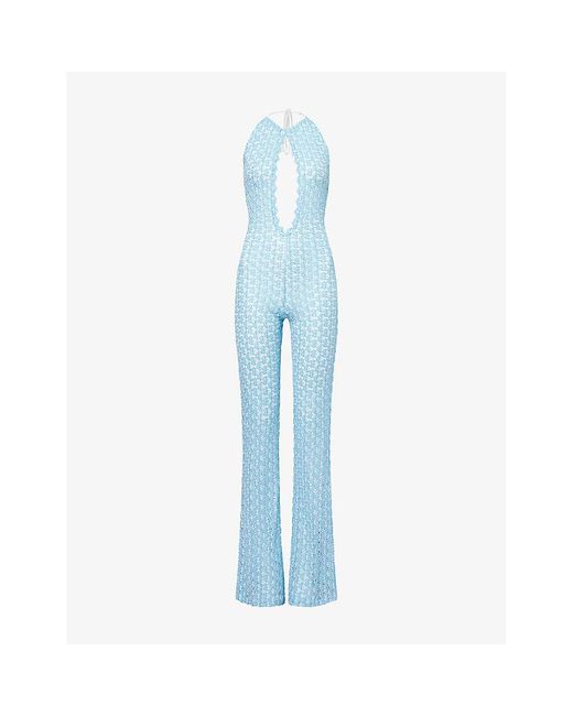 Missoni Blue Halterneck Flared Knitted Jumpsuit