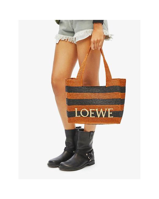 Loewe Brown X Paula's Ibiza Medium Striped Raffia Logo Tote Bag