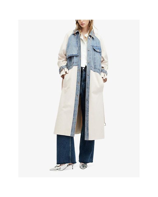 AllSaints Blue Dayly Denim-panel Relaxed-fit Stretch Organic-cotton Trench