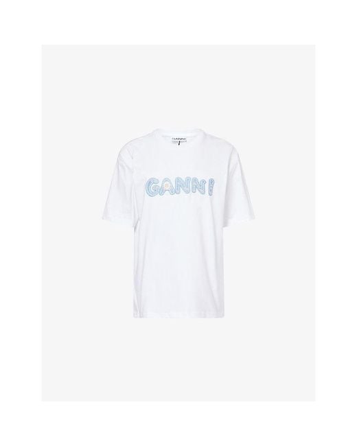 Ganni White Logo-Embroidered Relaxed-Fit Cotton T-Shirt