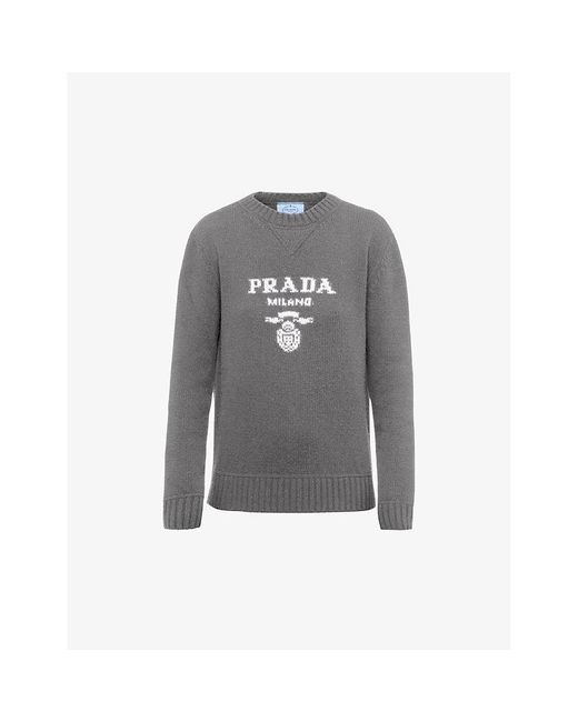 Prada Gray Logo-intarsia Cashmere And Wool-blend Sweater
