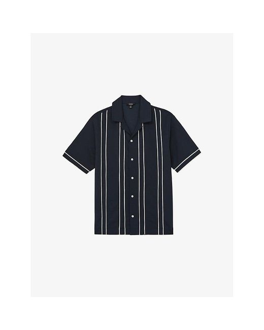 Reiss Blue Sander Cuban-Collar Striped Stretch-Woven Shirt for men