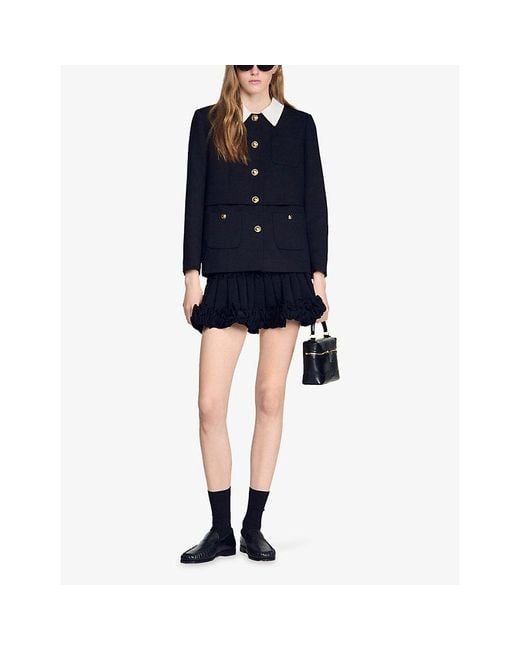 Sandro Black Contrast-Collar Button-Down Wool Jacket