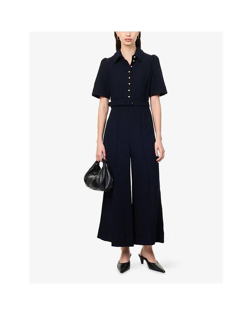 ME+EM Blue Wide-Leg Textured Woven Jumpsuit